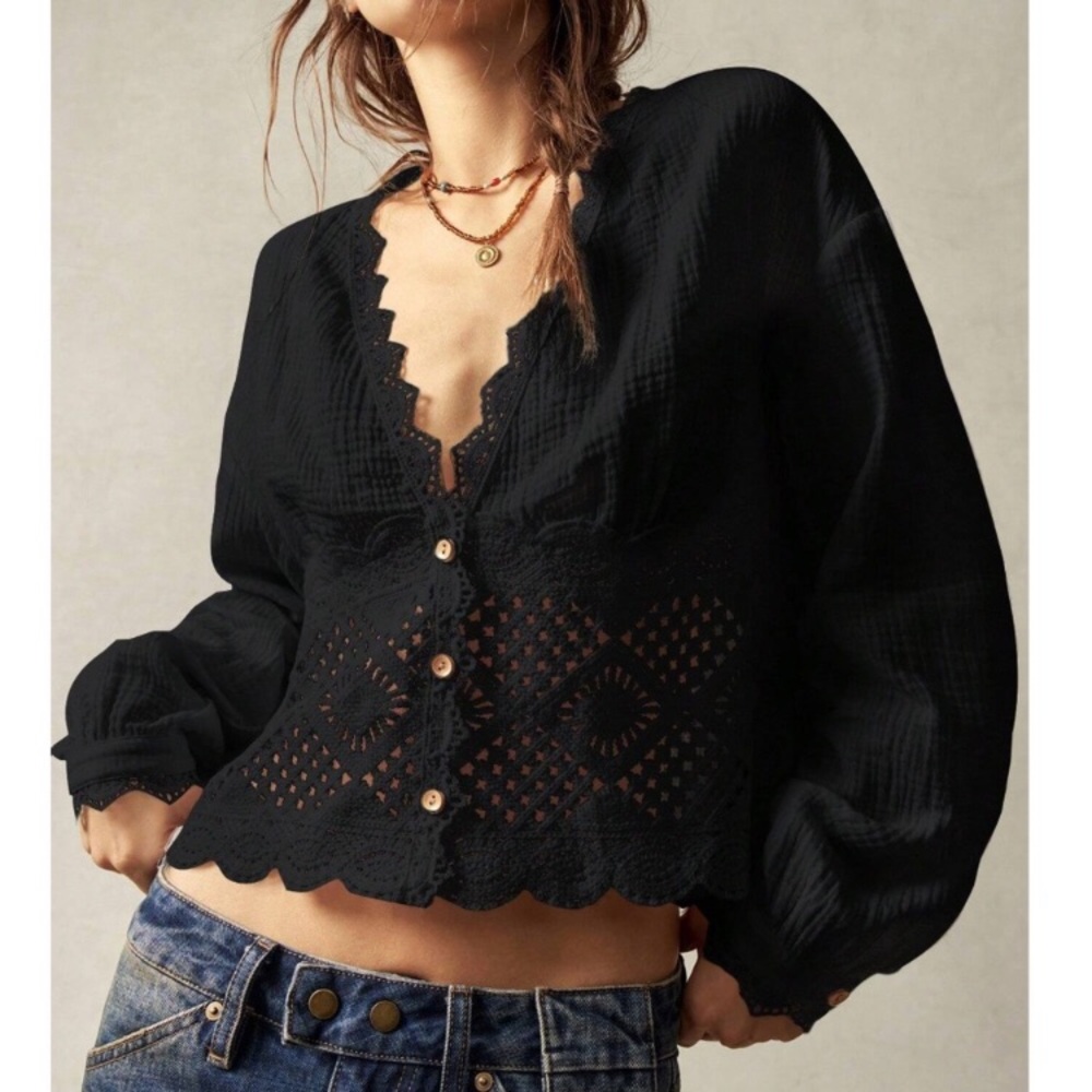 Boho V neck Button Down Semi Sheer Long Sleeve Blouse